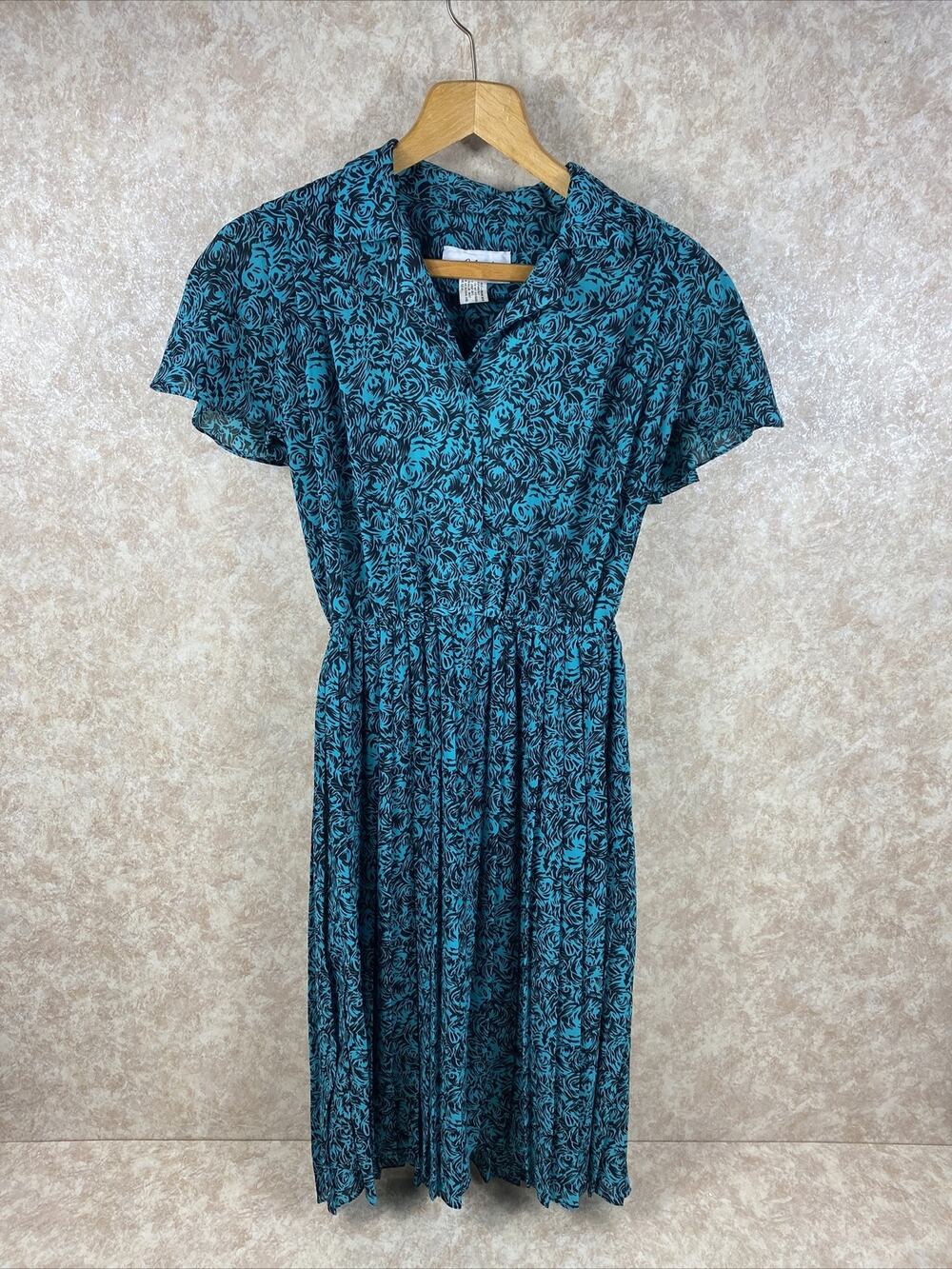 Vintage ALEXIS PETITES Dress Women's Petite 9-10 Green/Black Elastic Waist